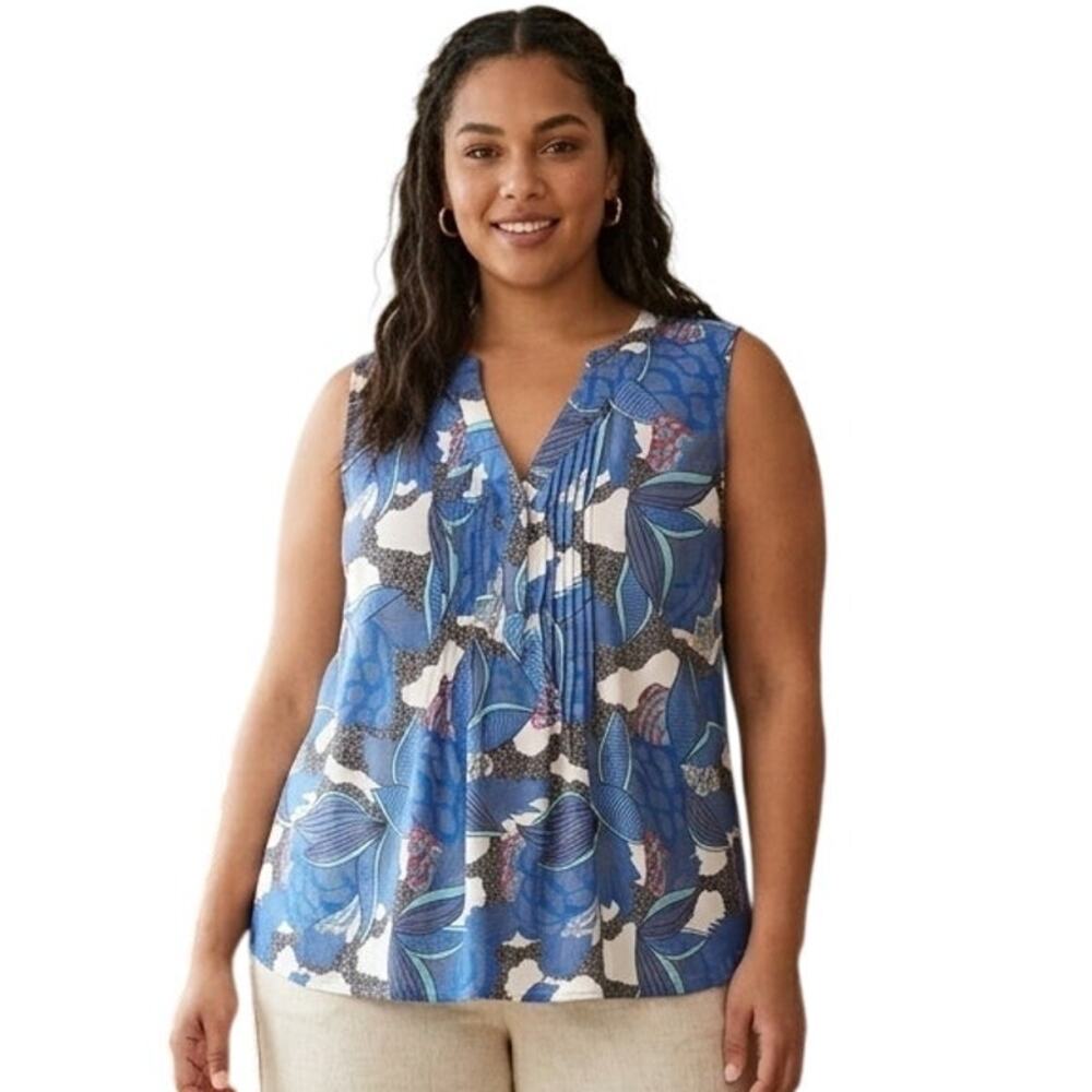 Daniel Rainn Tropical Top Womens Size 3X Blue Floral Pintucked Boho Tank